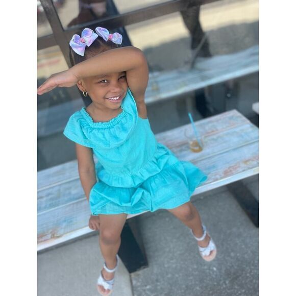 OshKosh Toddler Girl’s Blue Ruffle Off The Shoulder Embroidered Cotton Dress 5T - Picture 11 of 11